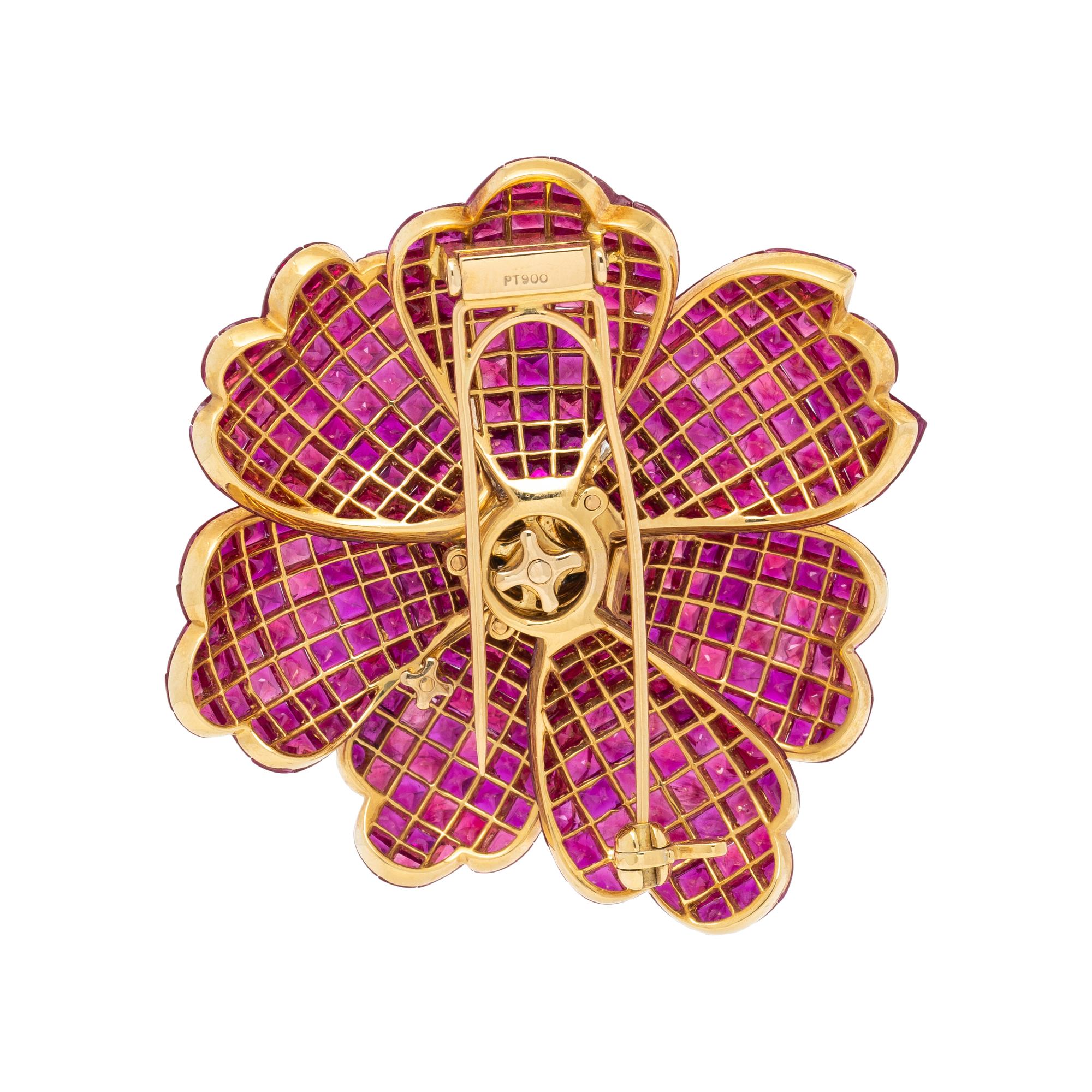 RUBY AND DIAMOND FLOWER BROOCH