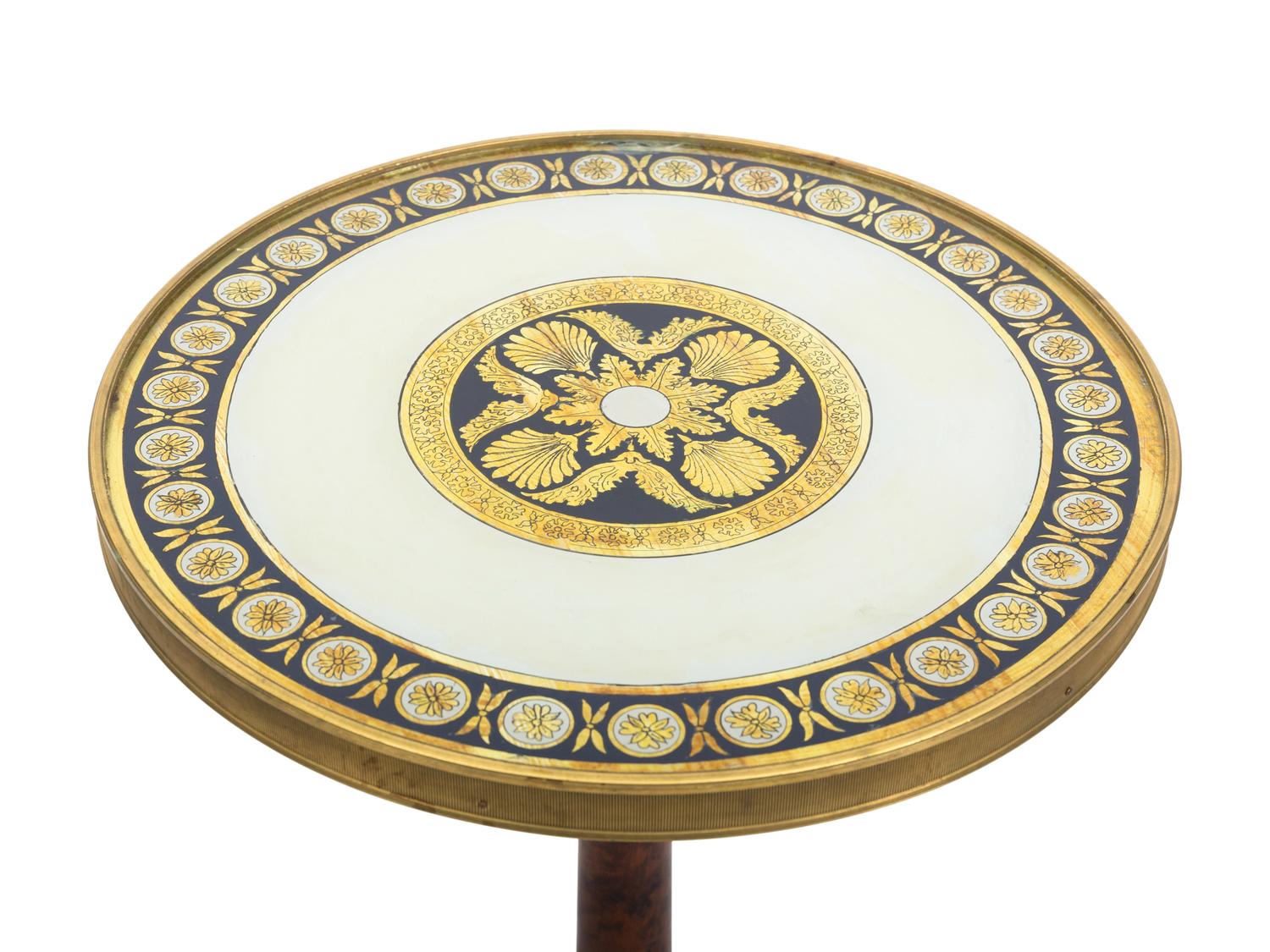 A Verre Eglomisé and Burl Walnut Pedestal Side Table