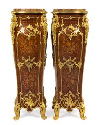 A Pair of Louis XV Style Gilt Bronze Mounted Marquetry Pedestals Height 47 1/2 x width 16 3/8 x depth 16 3/8 inches. — ATTRIBUTED TO THEODORE MILLET, 19TH CENTURY