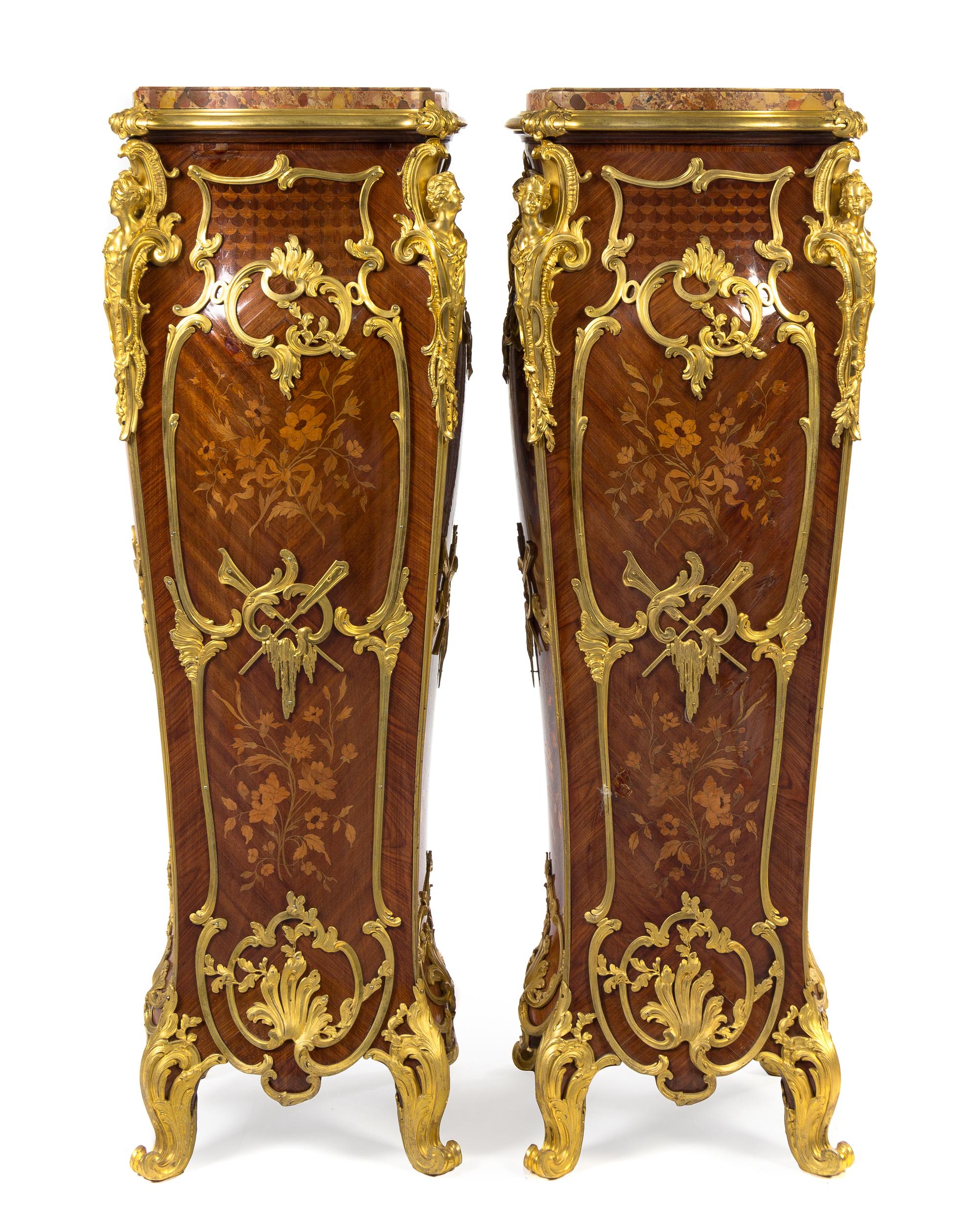 A Pair of Louis XV Style Gilt Bronze Mounted Marquetry Pedestals Height 47 1/2 x width 16 3/8 x depth 16 3/8 inches. — ATTRIBUTED TO THEODORE MILLET, 19TH CENTURY