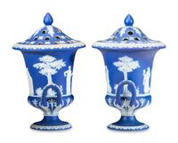 A Pair of Wedgwood Jasperware Flower Urns