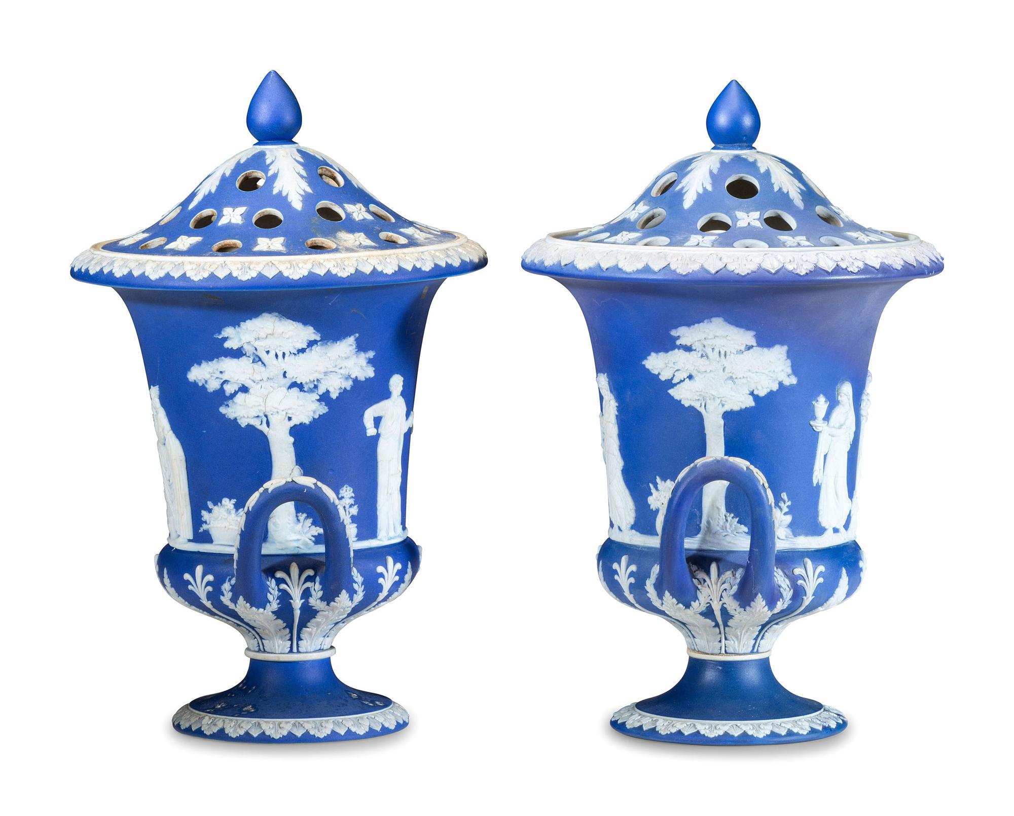 A Pair of Wedgwood Jasperware Flower Urns
