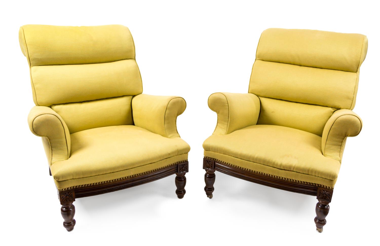A Pair of Yellow and Green Upholstered Mahogany Club Chairs Height 32 inches. — 20TH CENTURY