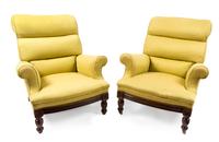 A Pair of Yellow and Green Upholstered Mahogany Club Chairs Height 32 inches. — 20TH CENTURY