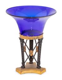 An Empire Style Gilt and Patinated Bronze and Cobalt Glass Centerpiece