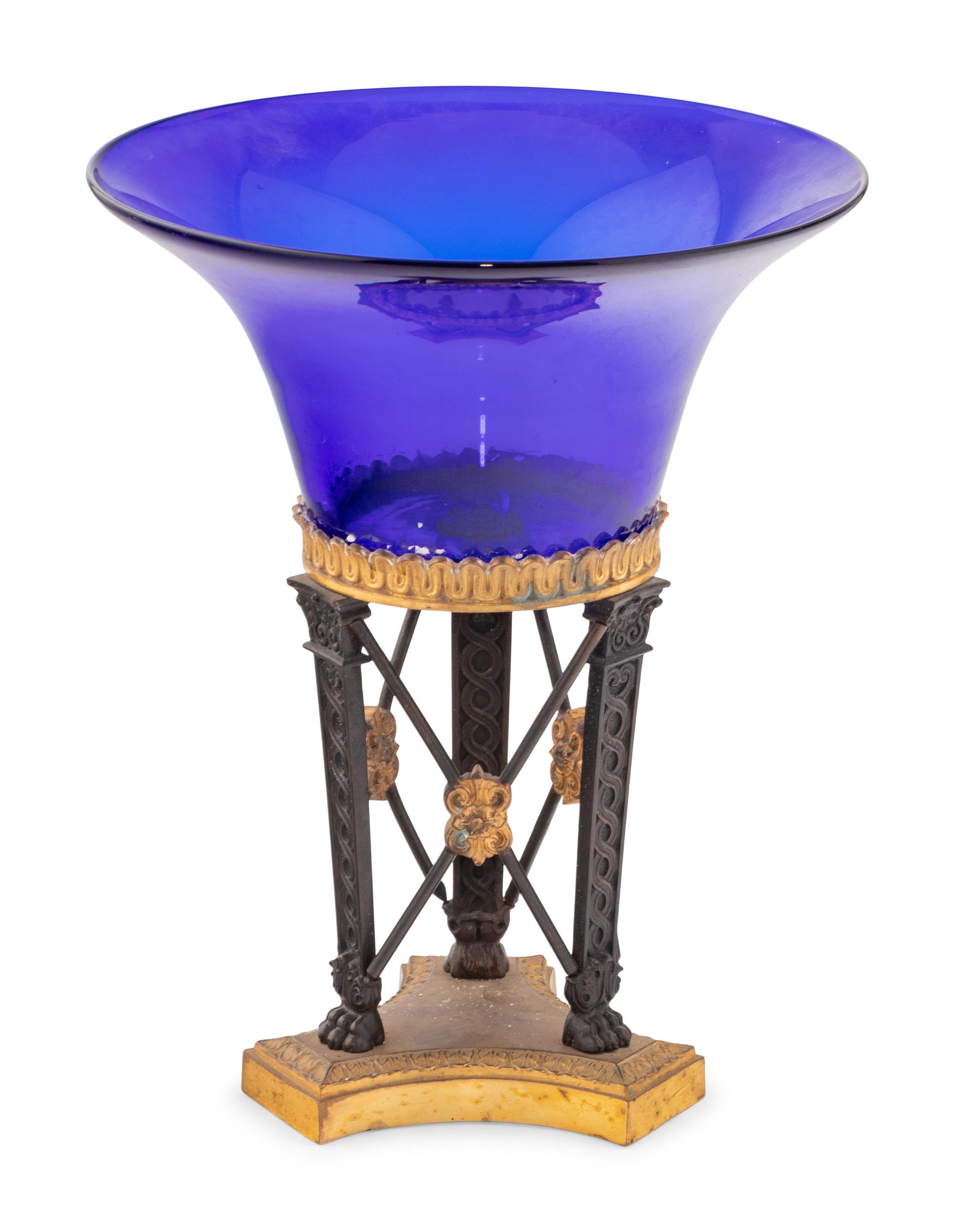 An Empire Style Gilt and Patinated Bronze and Cobalt Glass Centerpiece