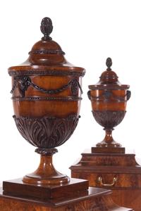 A Pair of Edwardian Style Mahogany Cutlery Urns on Pedestals