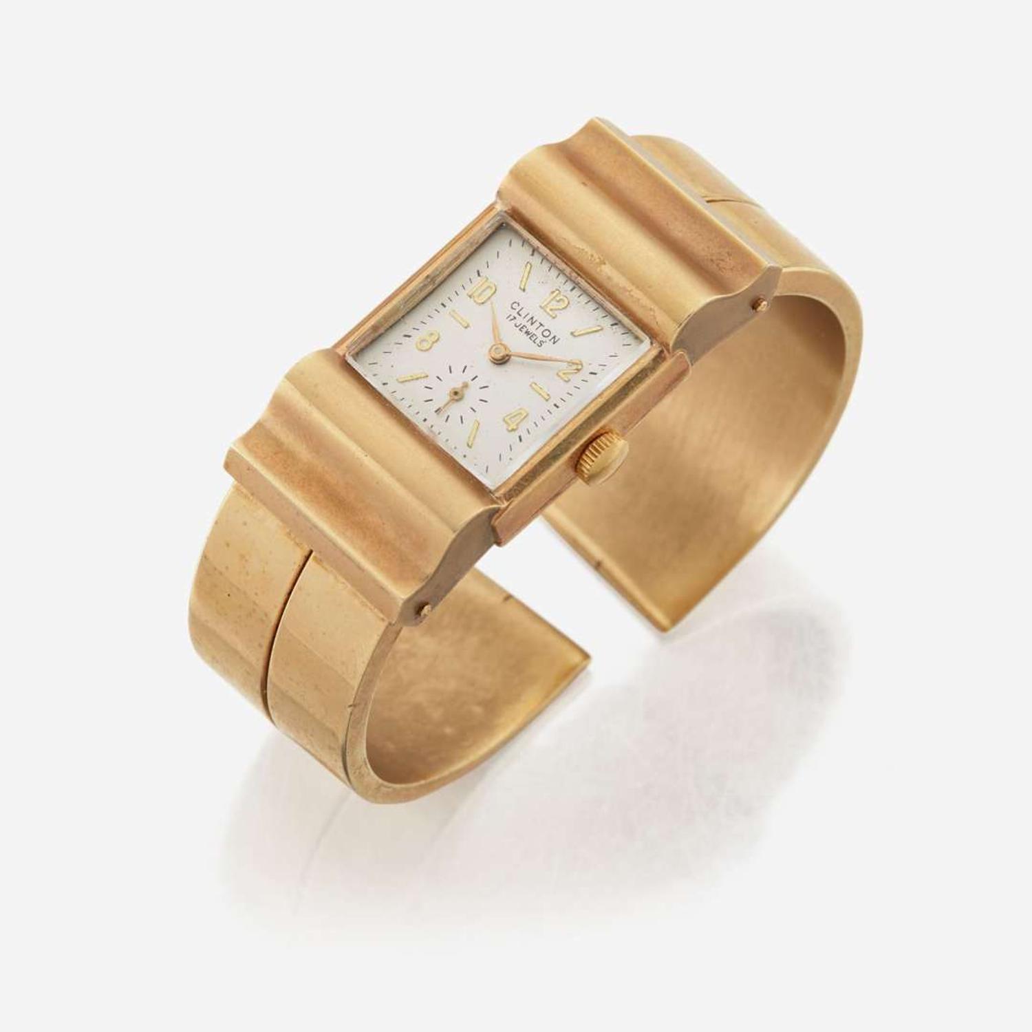 A lady's gold bangle cuff bracelet watch, Clinton Retro