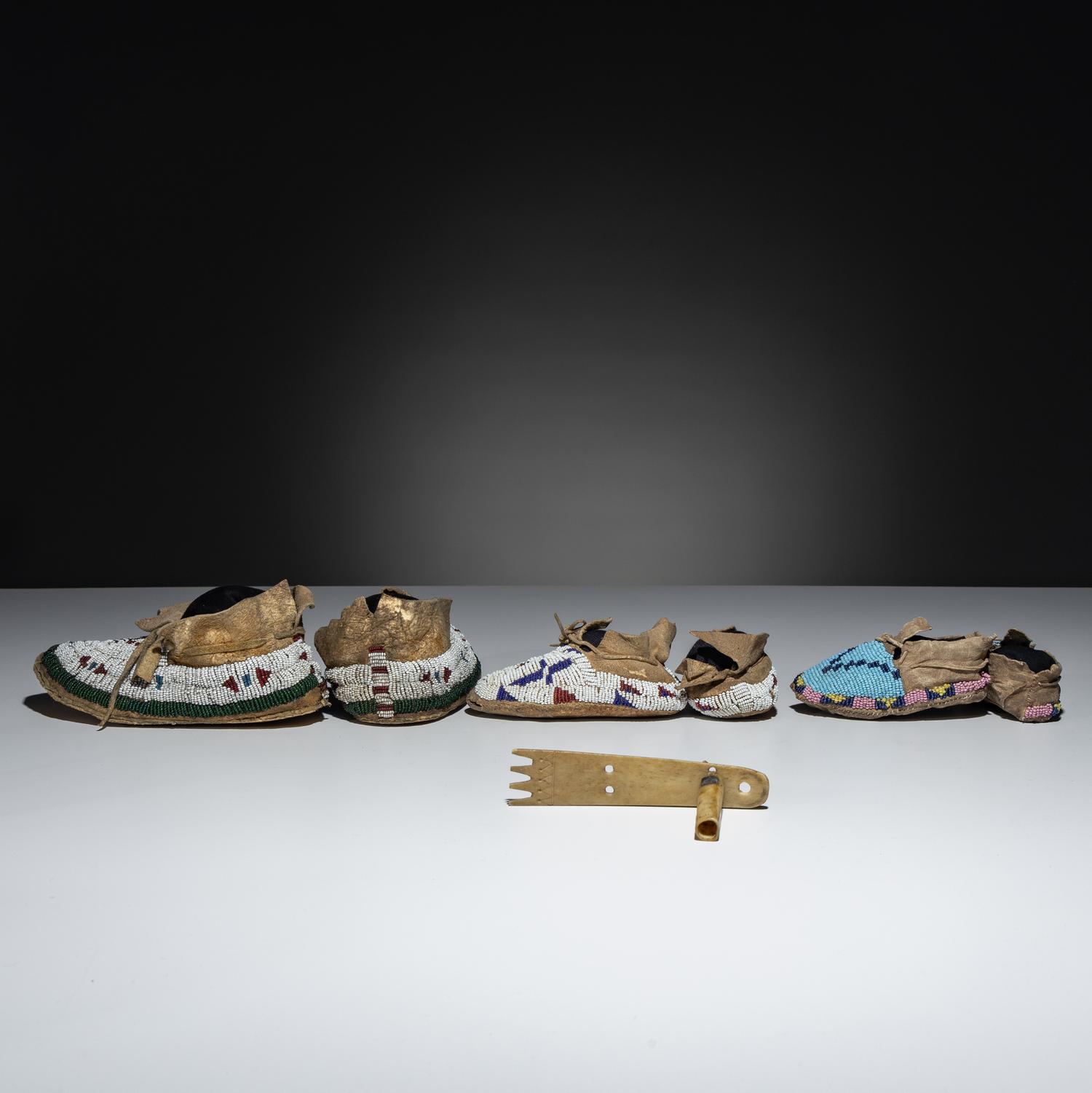 Plains Child's Beaded Hide Moccasins, and Roach Spreader