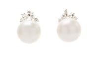 A Pair of 18 Karat White Gold, Cultured South Sea Pearl and Diamond Earclips, 7.40 dwts.