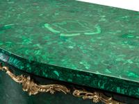 A Pair of Louis XV Style Gilt Bronze Mounted Malachite Commodes