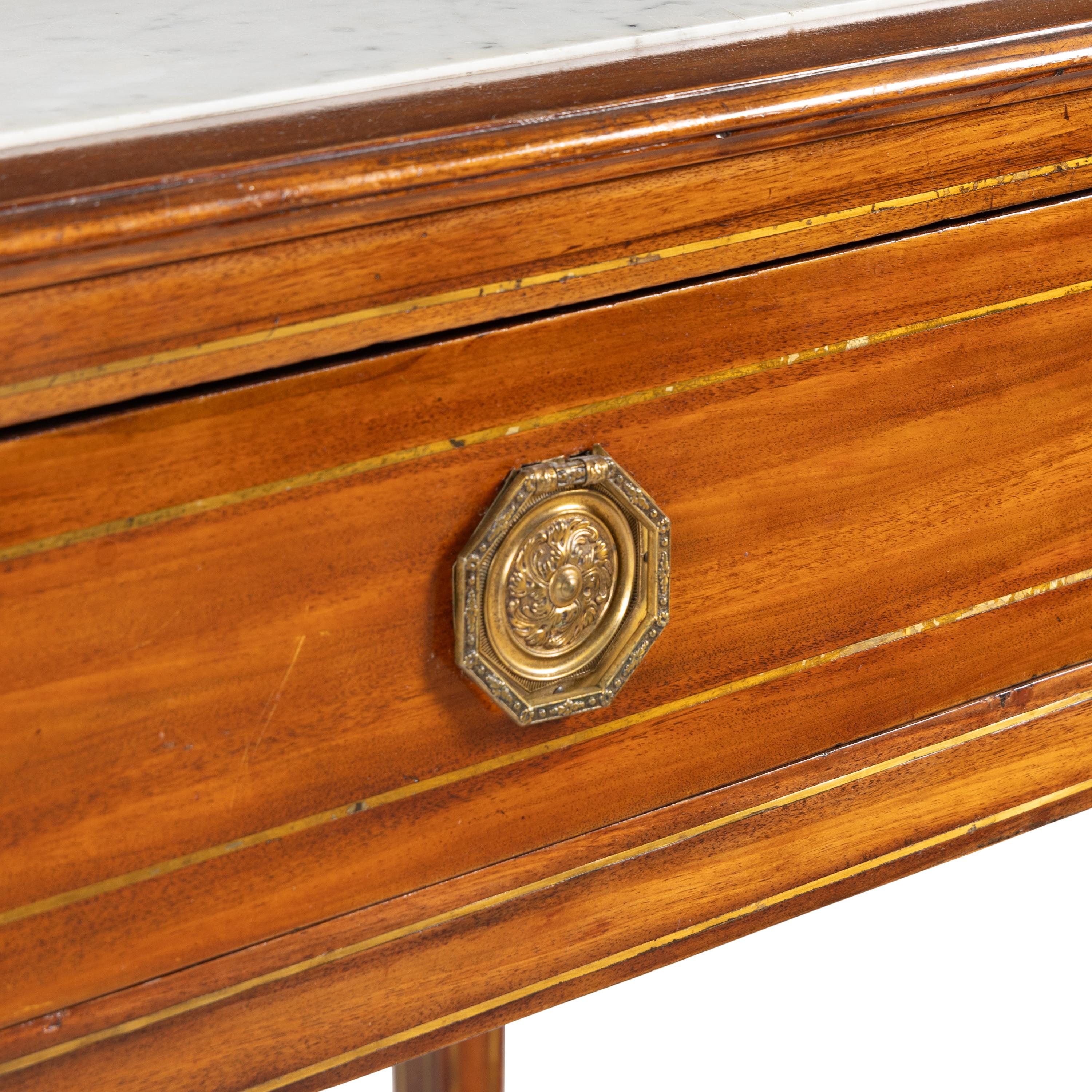 A Continental Brass Inlaid Mahogany Marble Top Serving Table