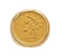 A 14 Karat Yellow Gold and US $5 Gold Coin Ring, 14.60 dwts.