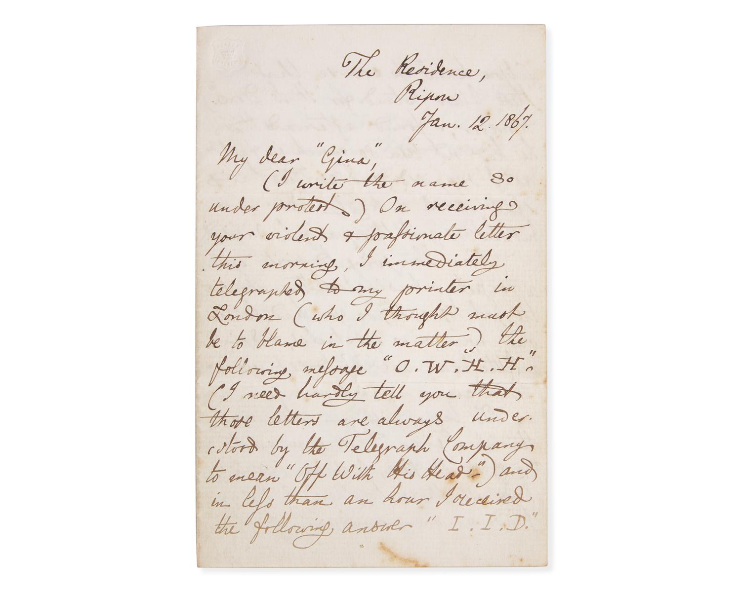 Carroll, Lewis (Charles Lutwidge Dodgson). Autograph Letter, signed