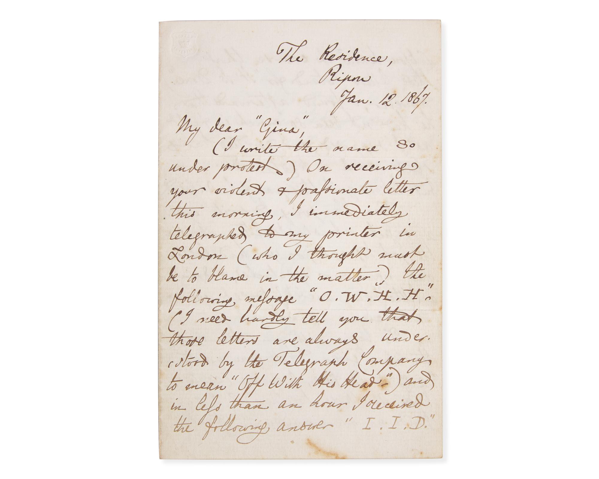 Carroll, Lewis (Charles Lutwidge Dodgson). Autograph Letter, signed