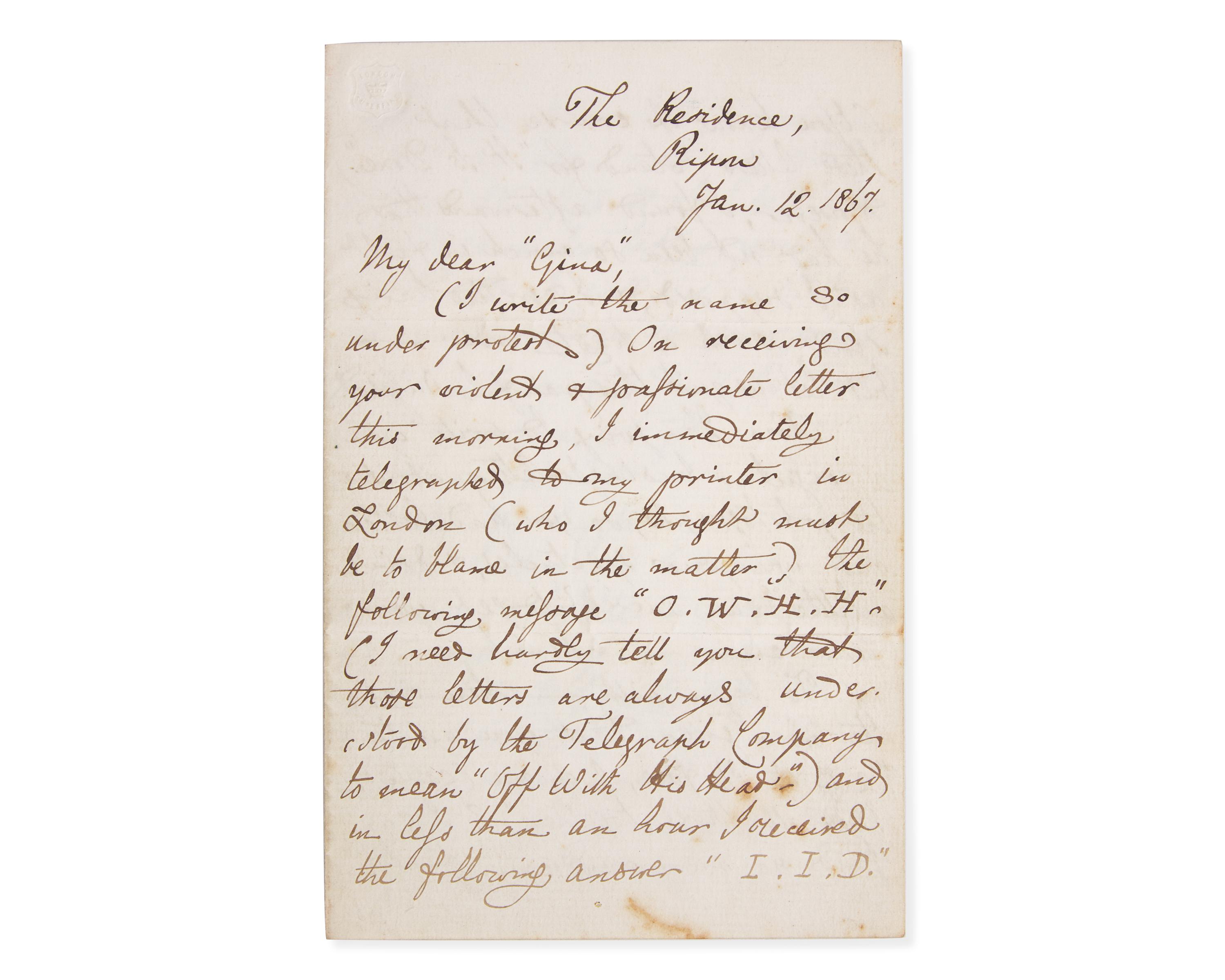 Carroll, Lewis (Charles Lutwidge Dodgson). Autograph Letter, signed