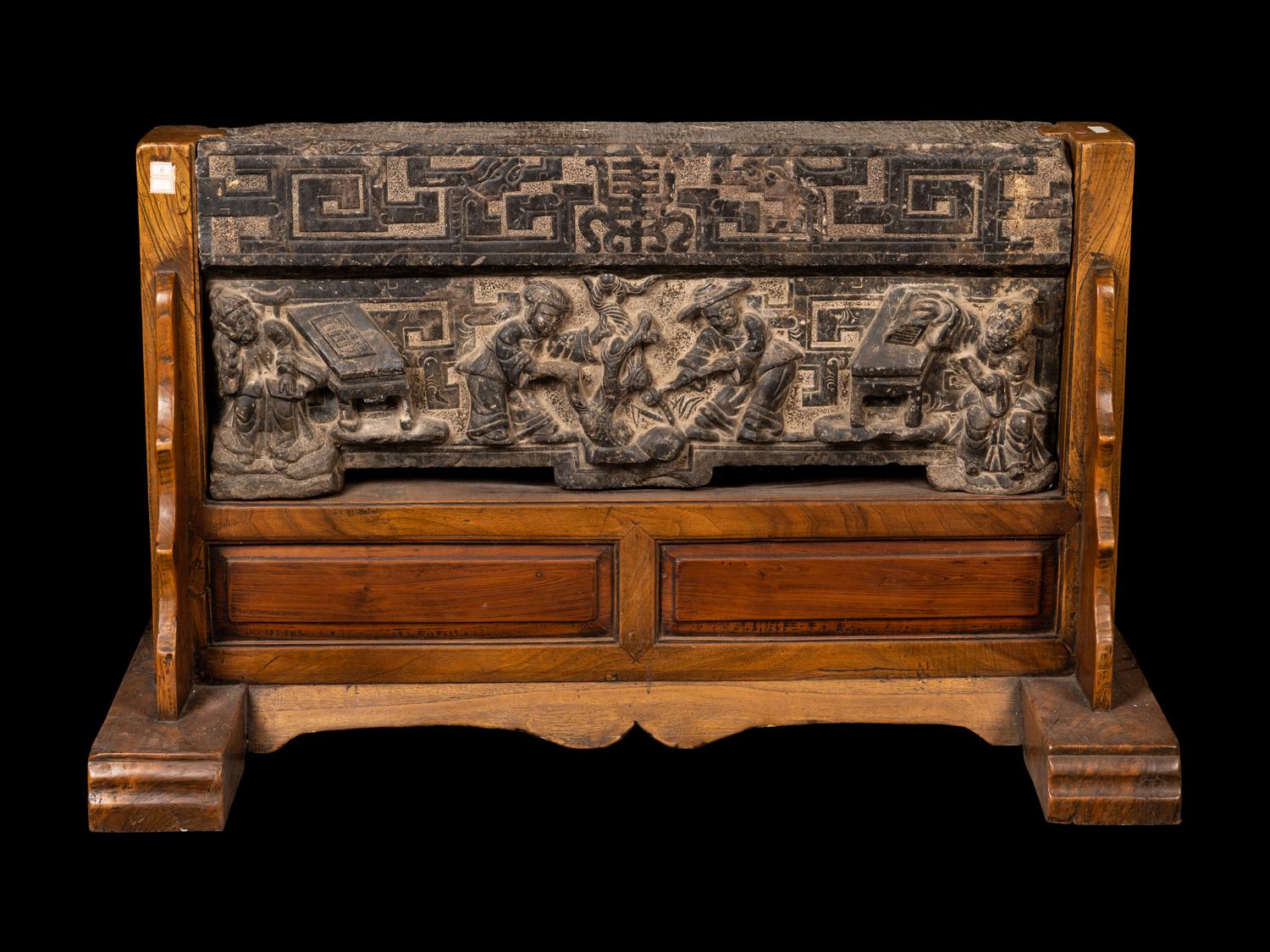 A Chinese Relief Carved Stone Stele Panel on Fitted Wood Stand