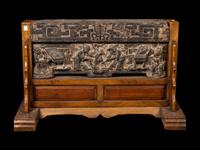 A Chinese Relief Carved Stone Stele Panel on Fitted Wood Stand