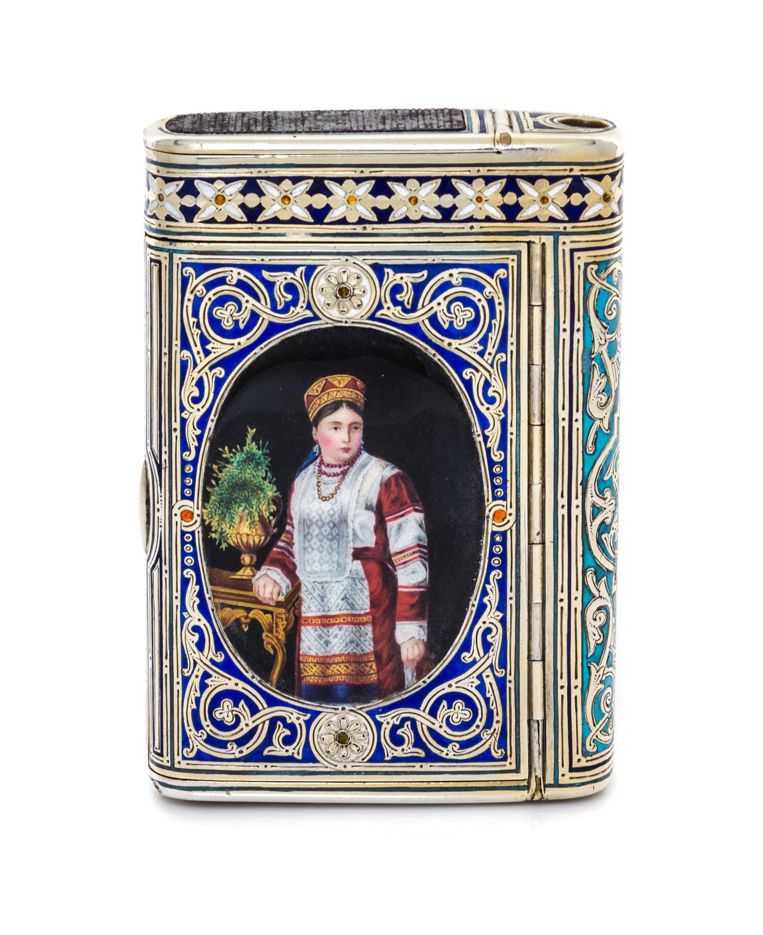 A Russian Silver and Enamel Cigarette Case, Mark of Mikhail Ovchinnikov with Imperial warrant, assay mark of Ivan Konstantinov, Moscow,