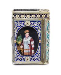 A Russian Silver and Enamel Cigarette Case, Mark of Mikhail Ovchinnikov with Imperial warrant, assay mark of Ivan Konstantinov, Moscow,