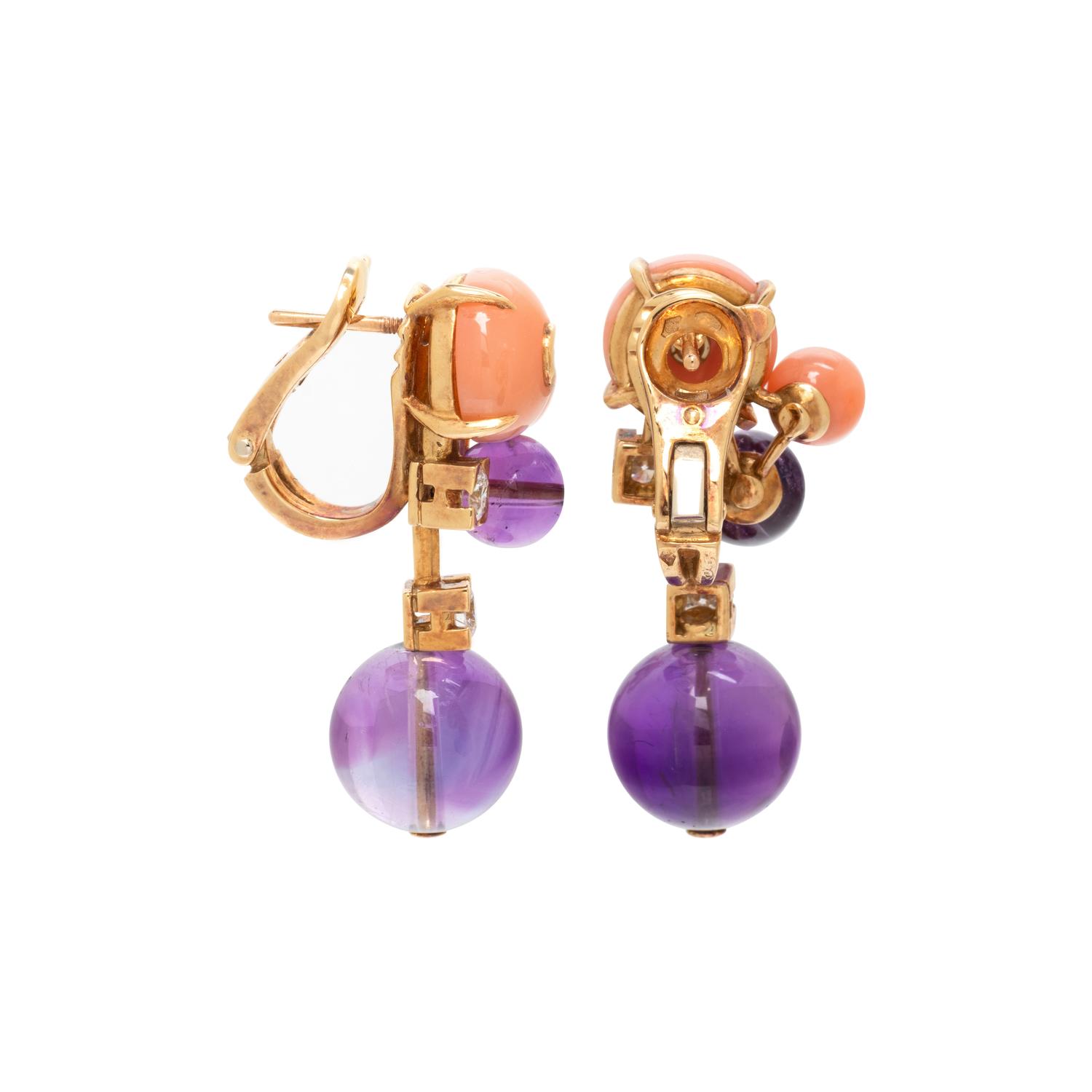 CARTIER, DIAMOND, CORAL AND AMETHYST 'DELICES DE GOA' EARRING