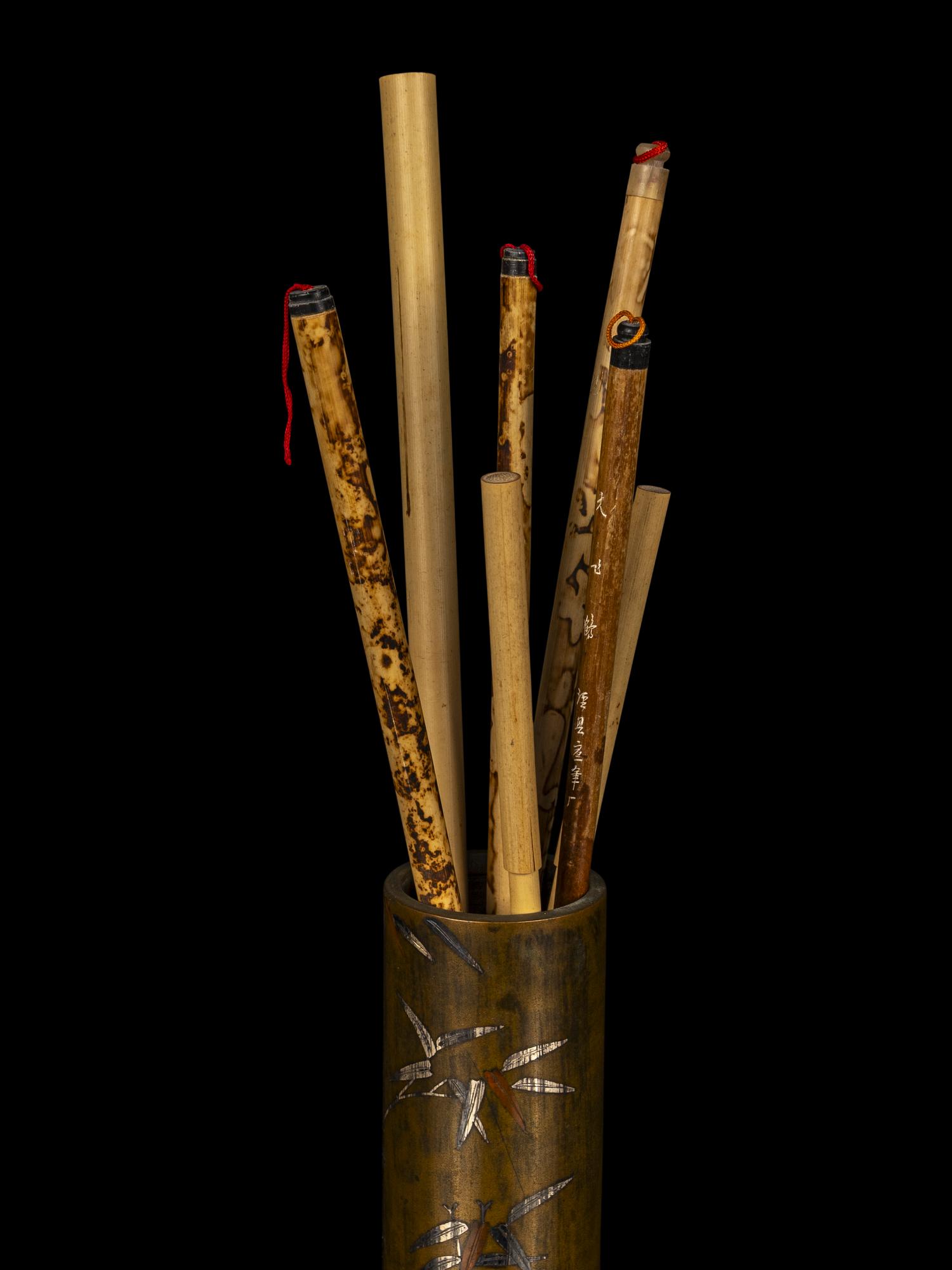 A Japanese Inlaid Bamboo-Form Brushpot