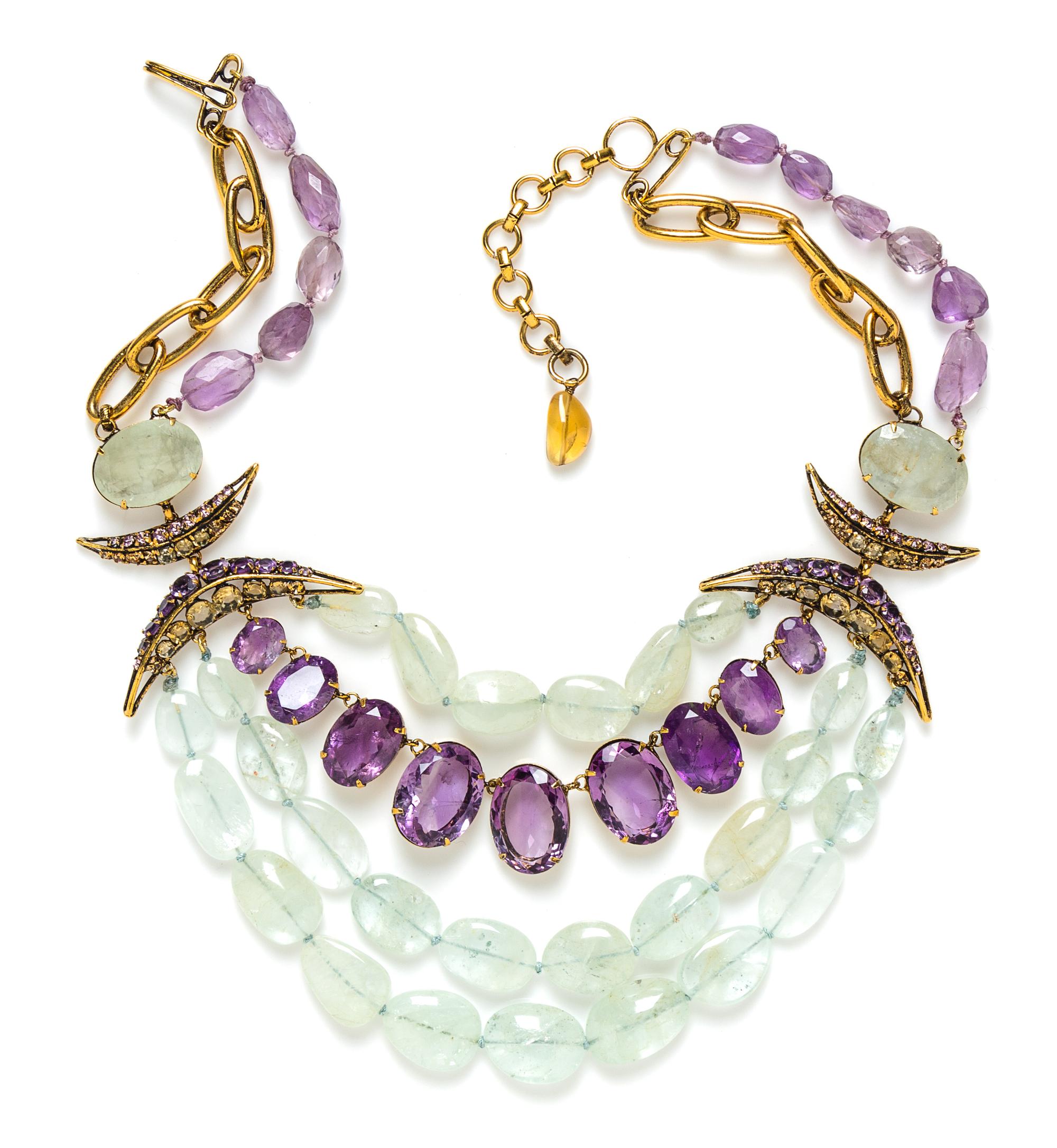 An Iradj Moini Amethyst and Moon Quartz Multi Strand Necklace, 21" x 4".