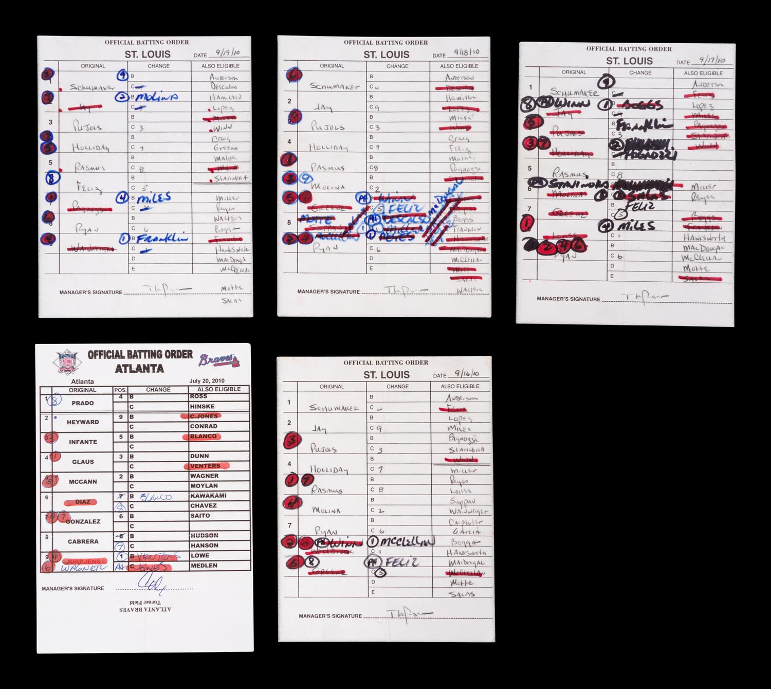 A Group of Five Hall of Fame Manager Signed Autograph Umpire Lineup Cards from The Collection of Baseball Hall of Famer Ted Simmons (including Tony LaRussa and Bobby Cox),