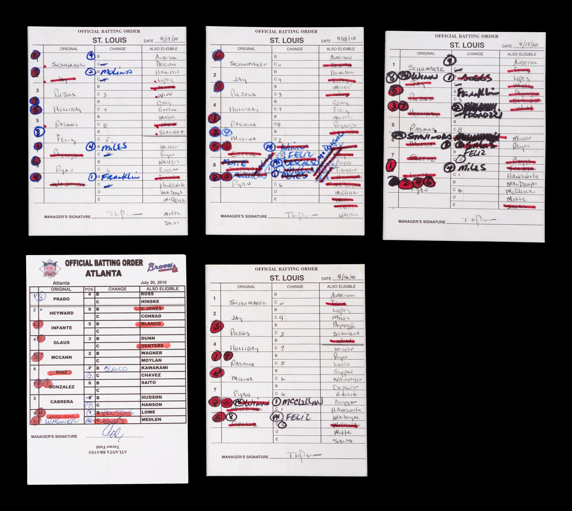 A Group of Five Hall of Fame Manager Signed Autograph Umpire Lineup Cards from The Collection of Baseball Hall of Famer Ted Simmons (including Tony LaRussa and Bobby Cox),