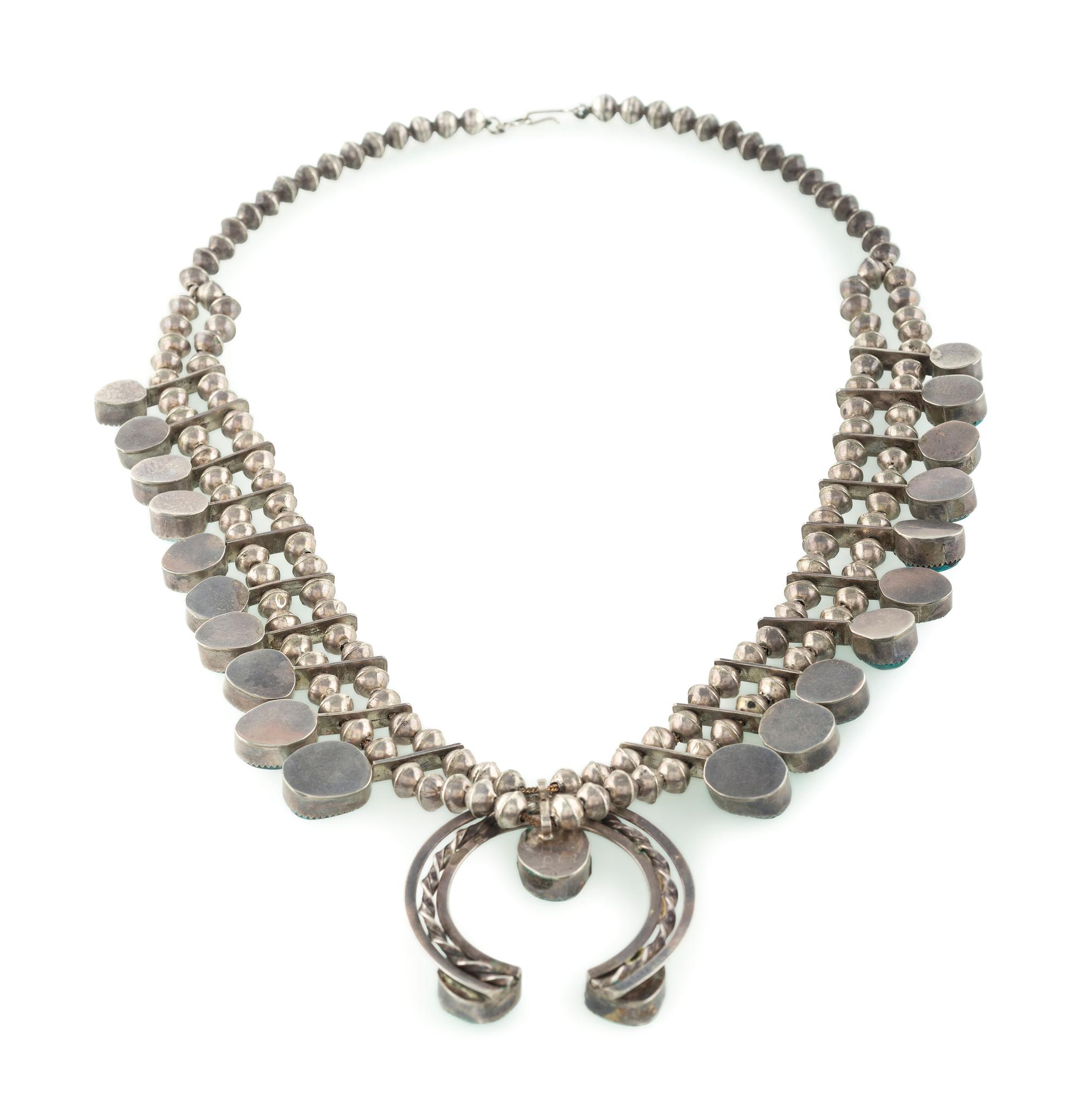 Navajo Silver and Turquoise Squash Blossom Necklace