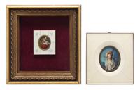 A Continental Portrait Miniature on Ivory, Height of first 1 7/8 x width 1 1/2 inches.