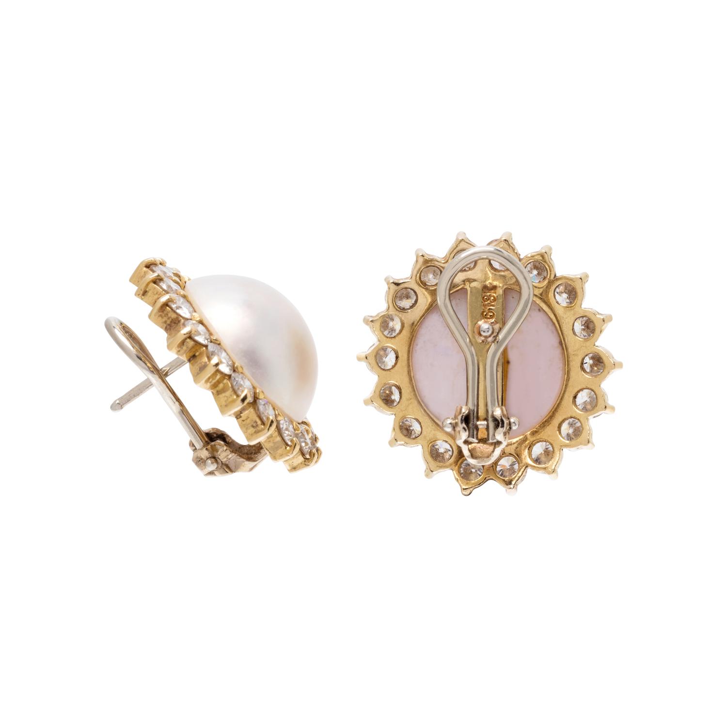 CULTURED MABE PEARL AND DIAMOND EARCLIPS