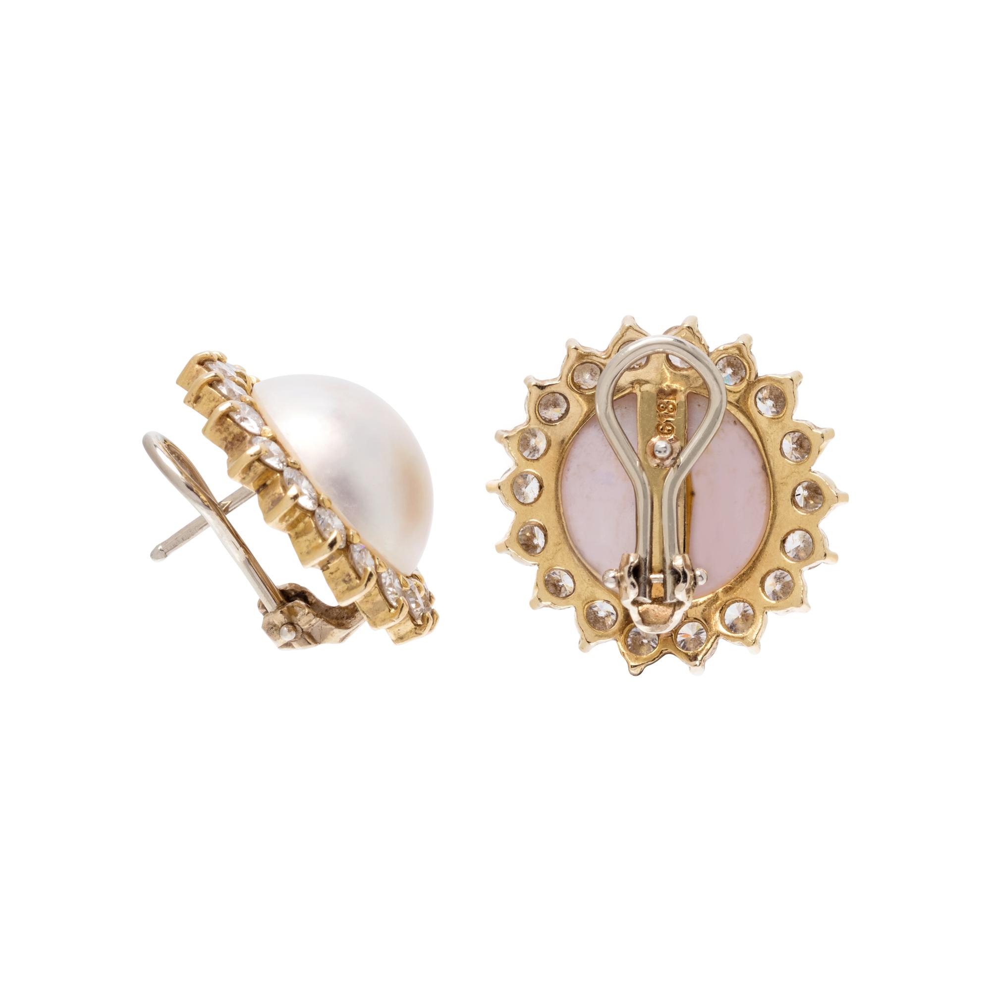 CULTURED MABE PEARL AND DIAMOND EARCLIPS