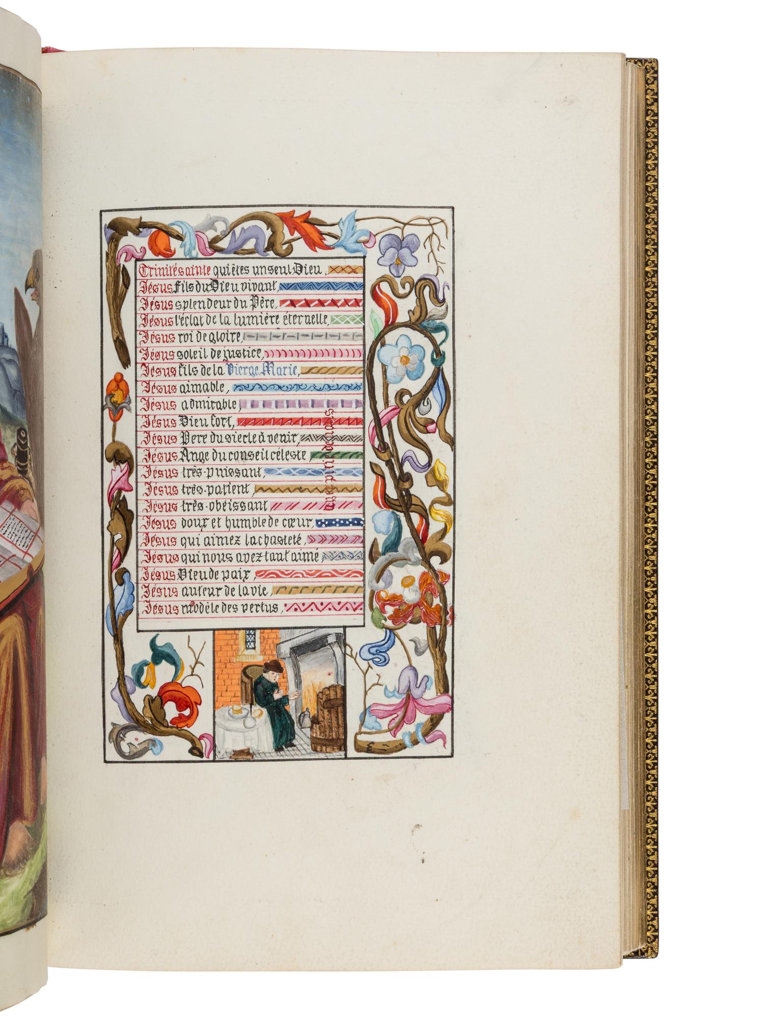 GOTHIC REVIVAL MANUSCRIPT Livre d’Heures [Marriage book offered on the occasion of the wedding of Paul Champion with Julie Rayel, 14 February 1882: “14 février Julie Rayel unie à Paul Champion 1882” ] in French, illuminated manuscript on paper, with illuminated and historiated bracket borders and seven full-page miniatures, France, Paris, c. 1882 (or little before).