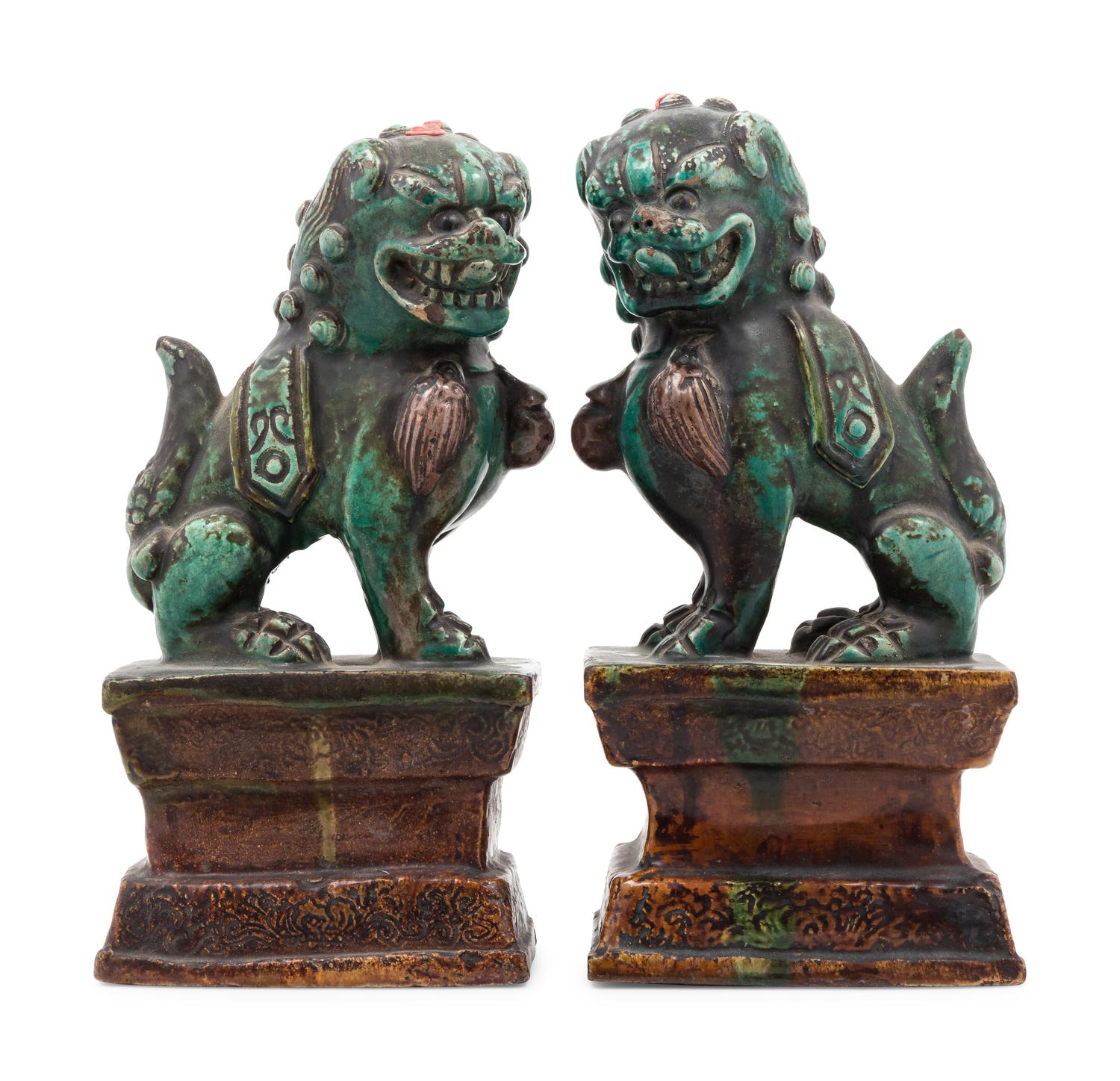 A Pair of Chinese Glazed Pottery Temple Guardians