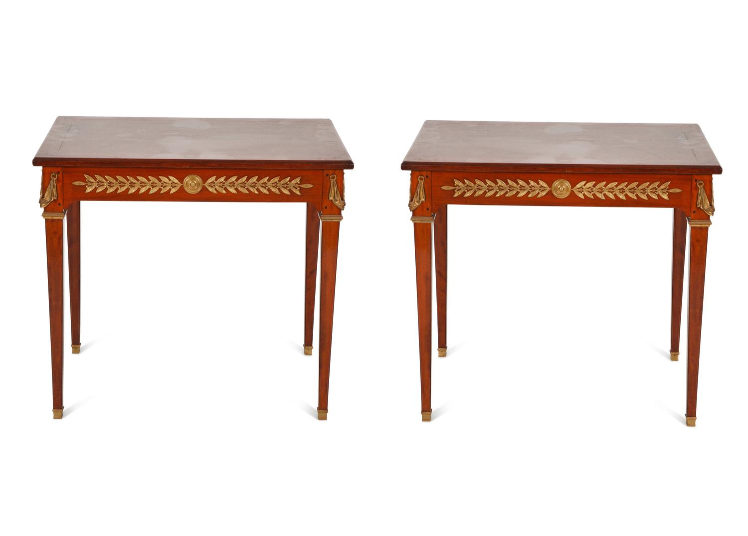 A Pair of Empire Style Gilt Bronze Mounted Side Tables