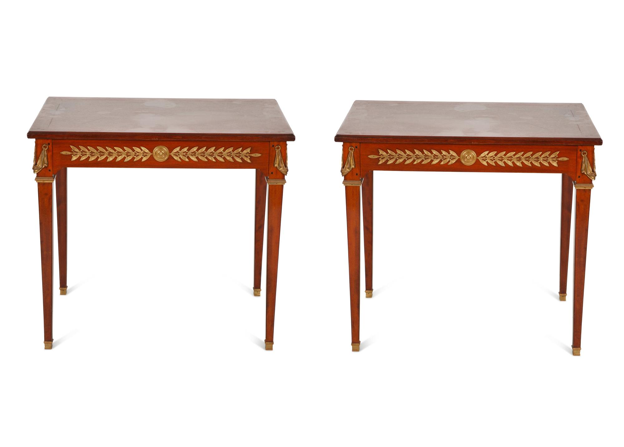 A Pair of Empire Style Gilt Bronze Mounted Side Tables