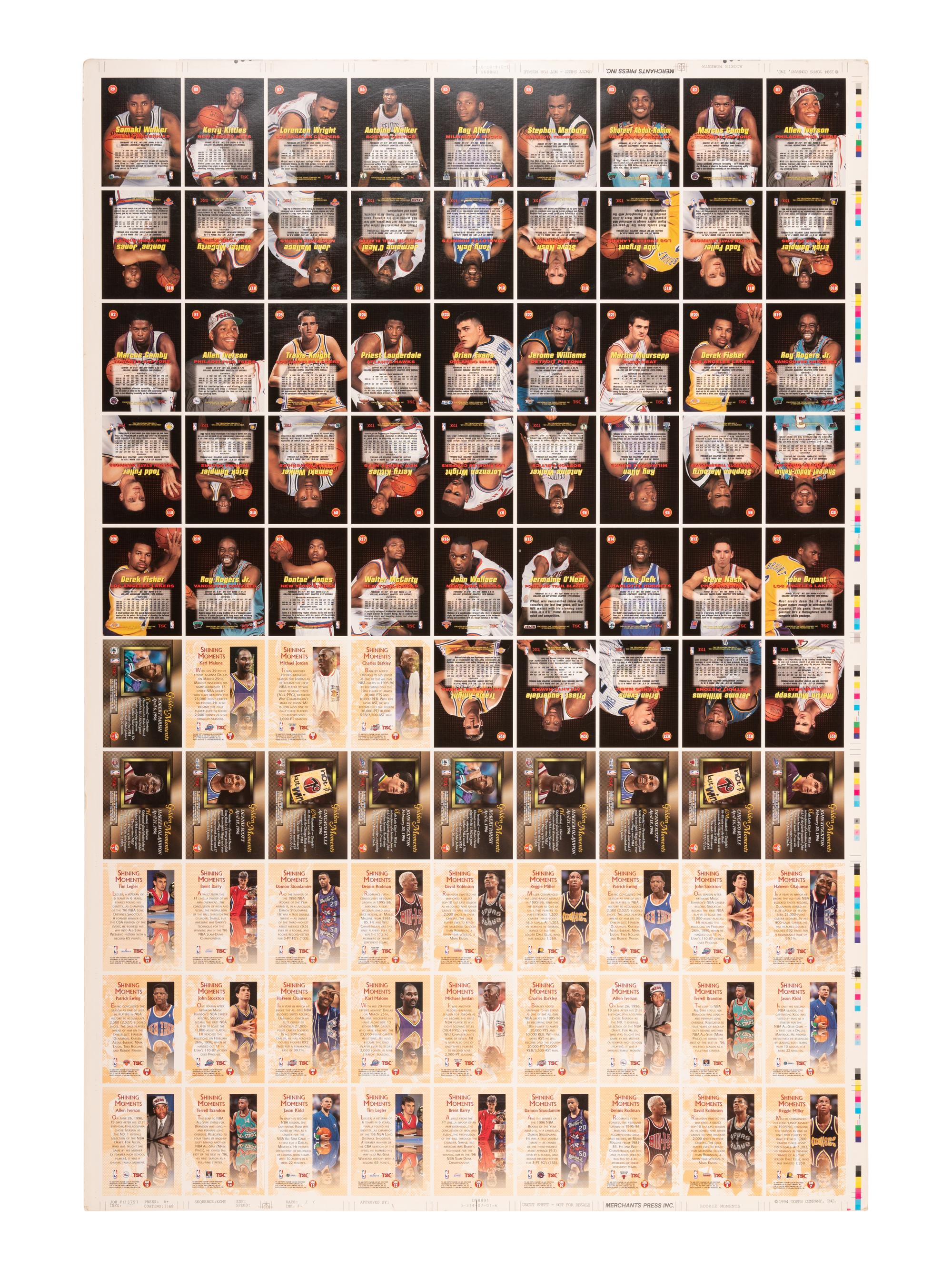 An Uncut Sheet of 1996 Topps Stadium Club Basketball Cards Featuring Multiple Kobe Bryant and Allen Iverson Rookie Cards