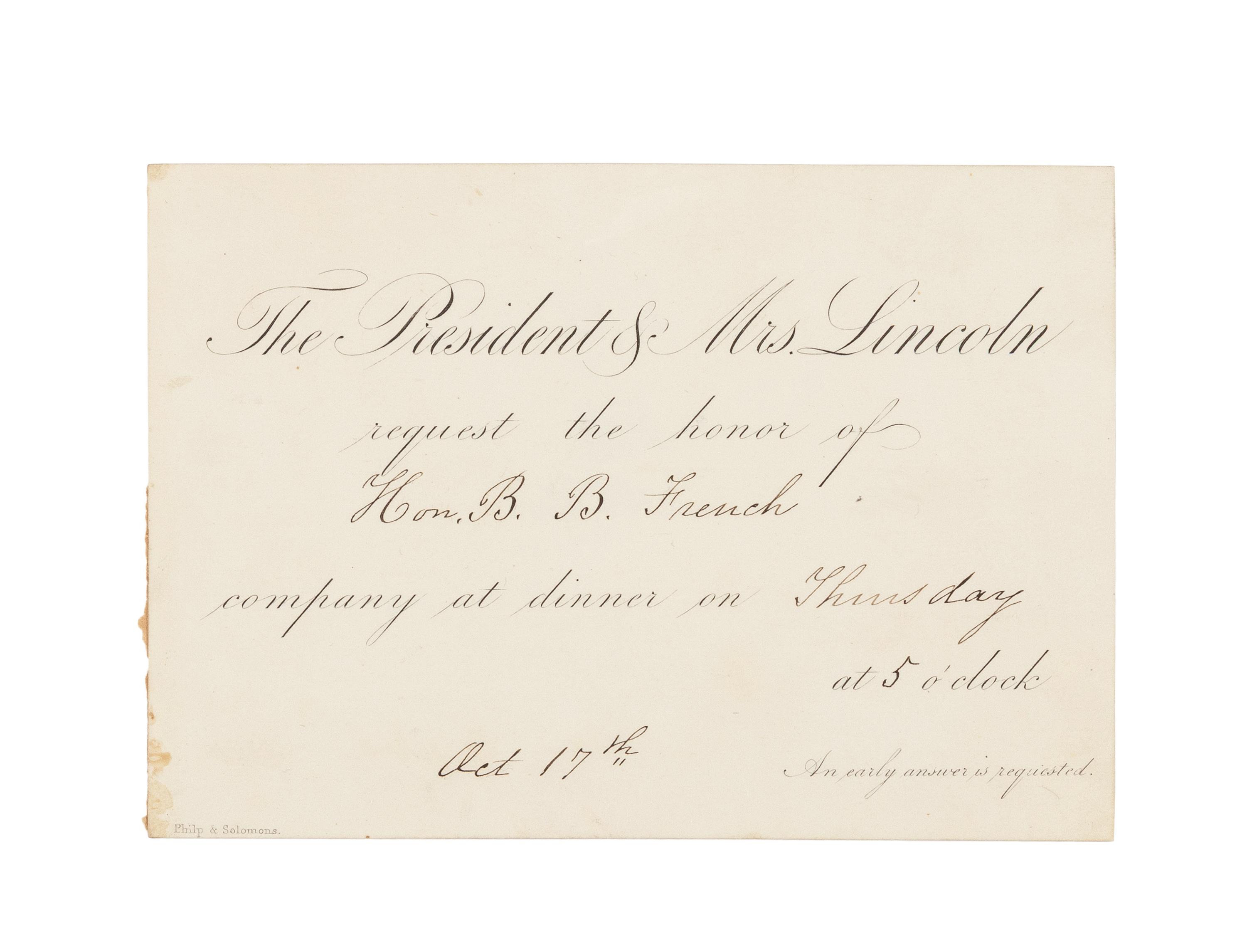 [LINCOLN, Mary Todd (1818-1882)]. Partially engraved invitation to a White House dinner, Washington, D.C., 17 October 1861.