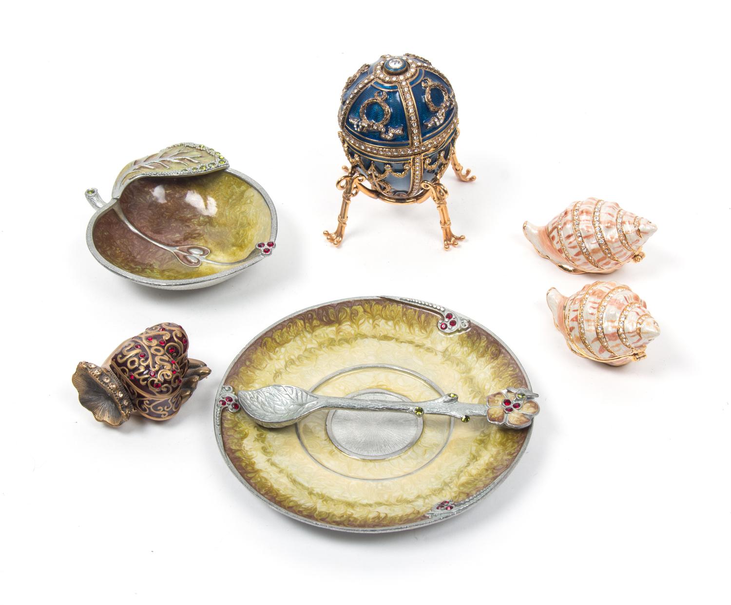 Seven Miscellaneous Jeweled and Enameled Ornaments Height of egg 3 1/4 inches.