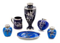A Group of Six Silver Overlay Porcelain Articles Height of tallest 5 3/8 inches.