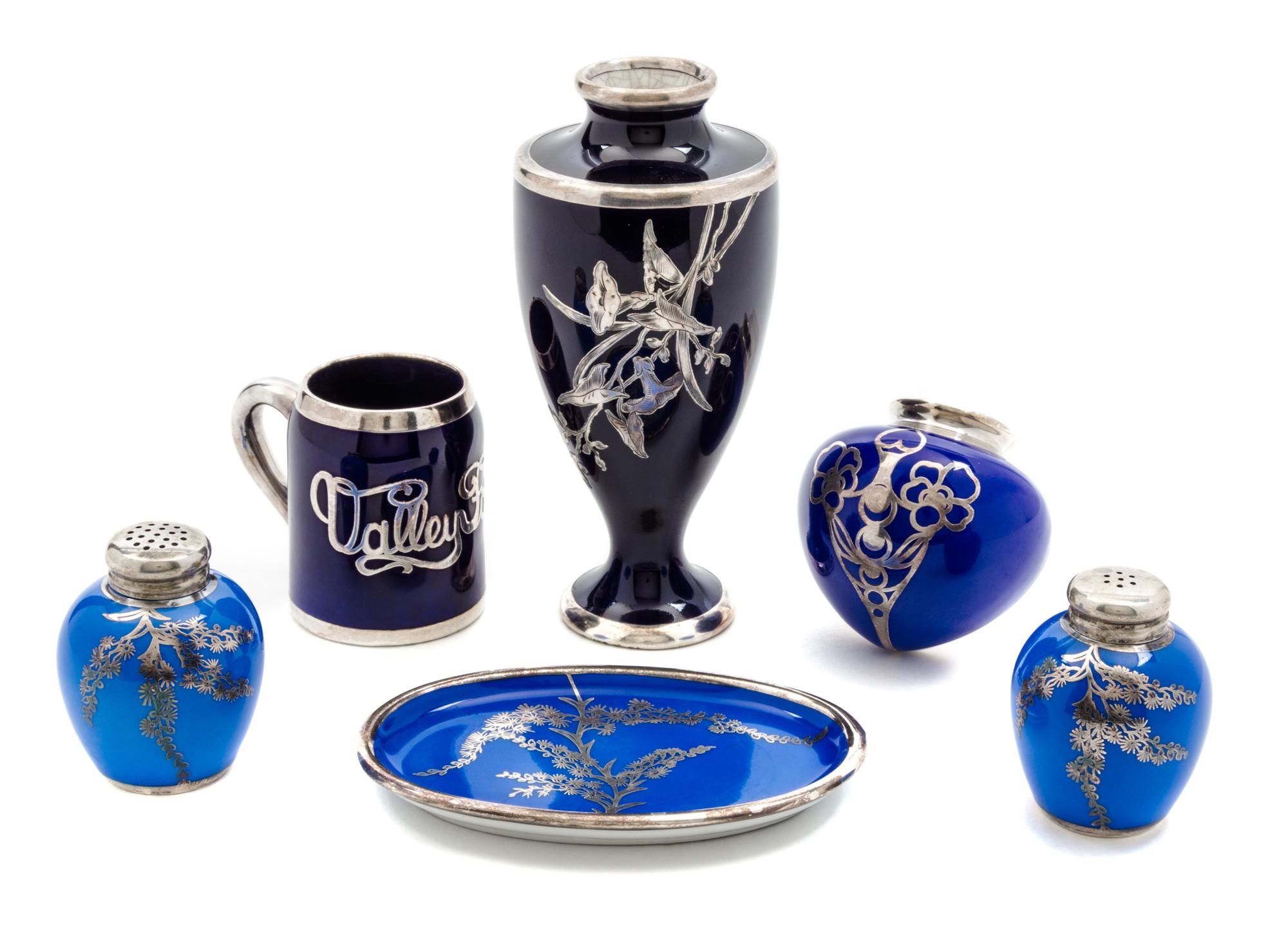A Group of Six Silver Overlay Porcelain Articles Height of tallest 5 3/8 inches.