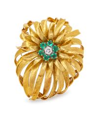 An 18 Karat Yellow Gold, Diamond and Emerald En Tremblant Brooch,