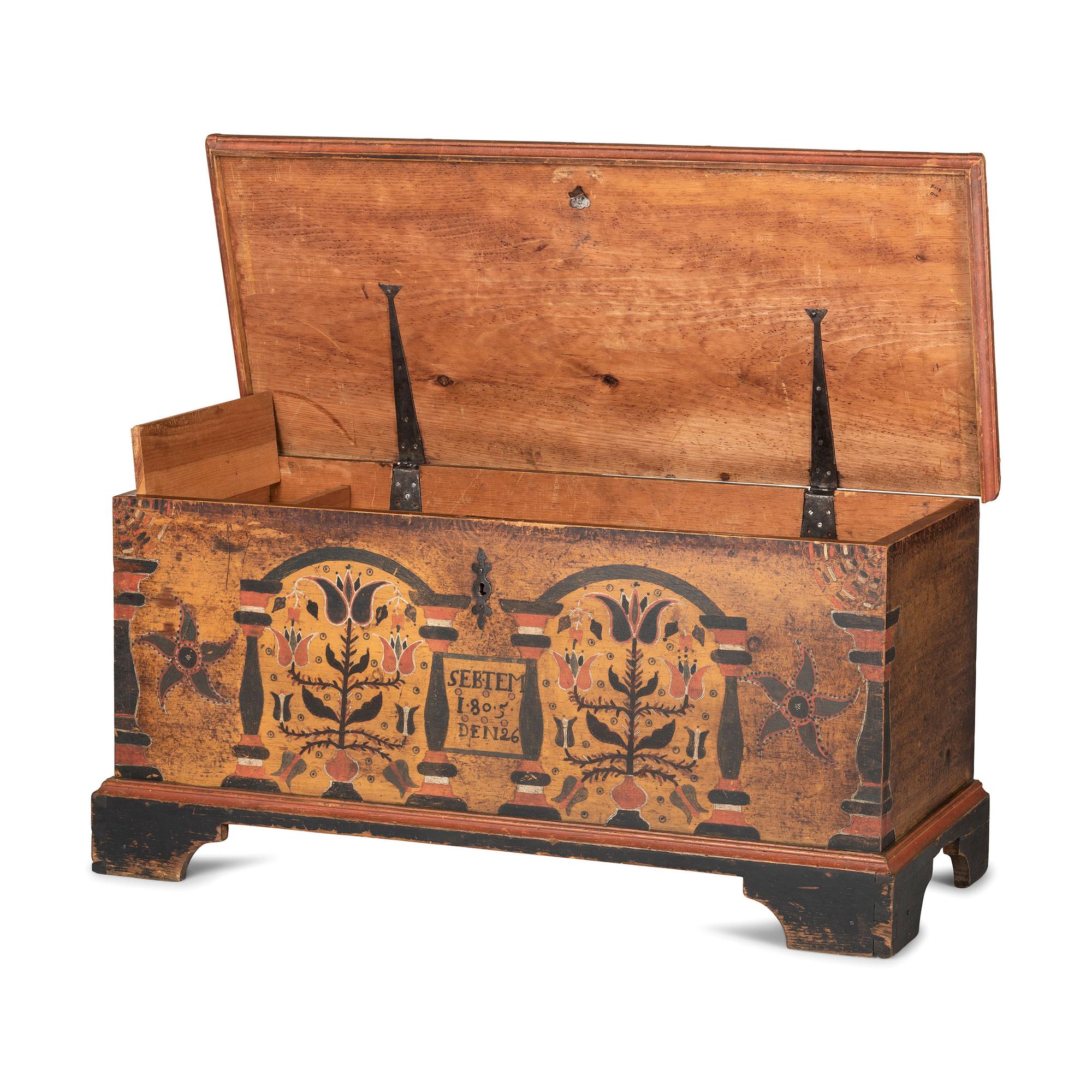 A Chippendale Grain and Polychrome Paint Decorated Pine Blanket Chest