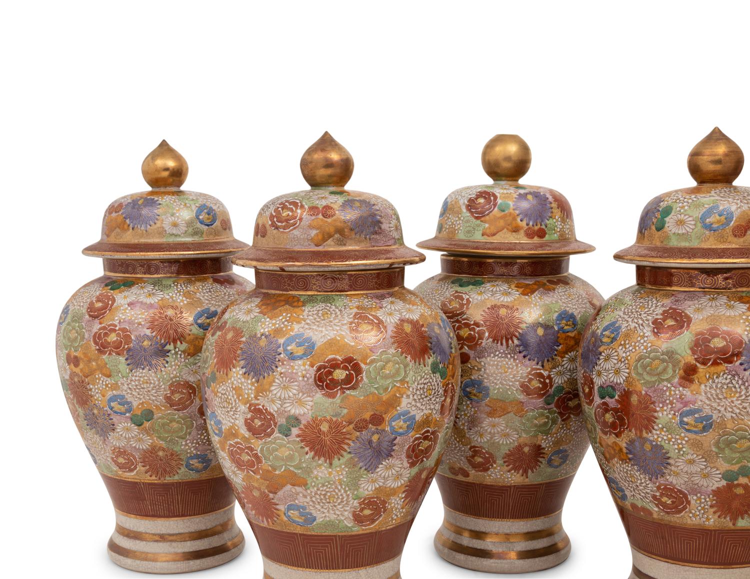 Six Japanese Kutani Porcelain Covered Jars
