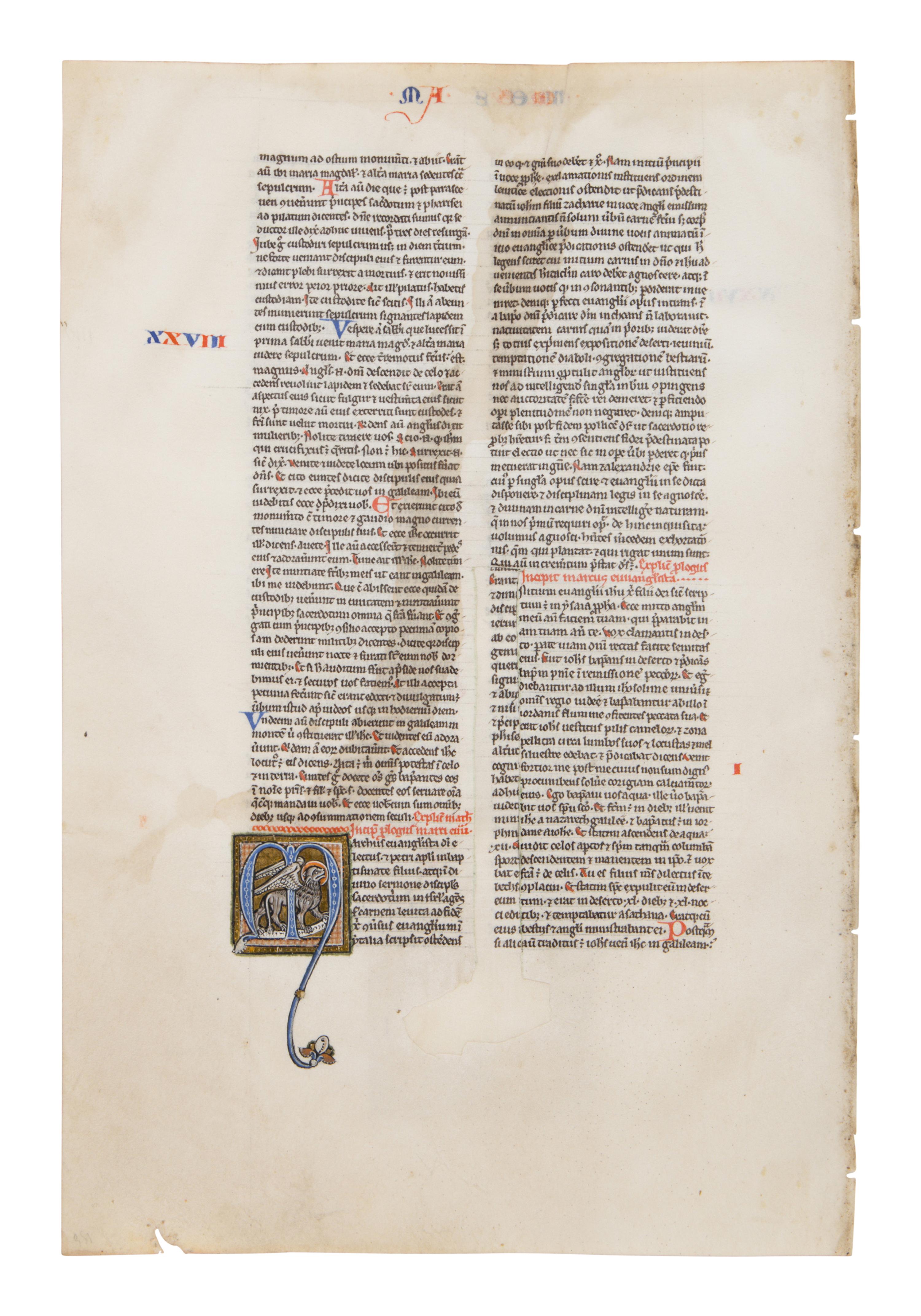 ALMAGEST MASTER Single leaf from a Bible, with a historiated initial of the winged lion of Saint Mark, illuminated manuscript on parchment [France, Paris, c. 1220s]