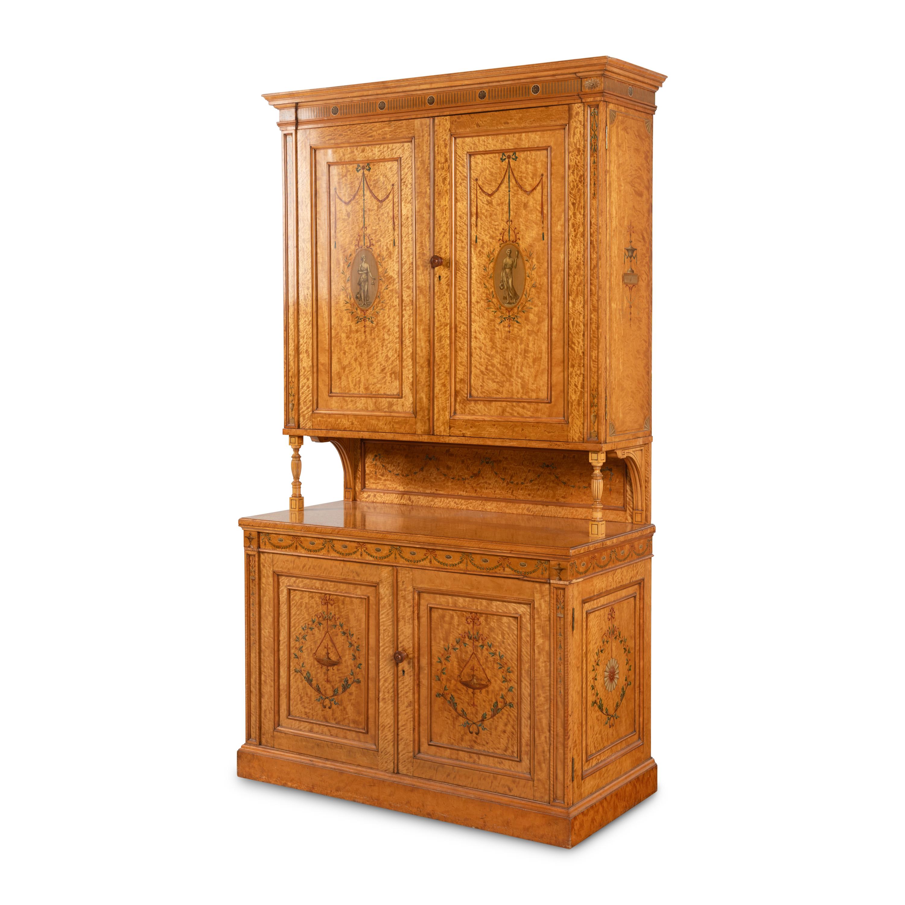A Fine Edwardian Satinwood and Polychrome Painted Two-Part Serving Cabinet