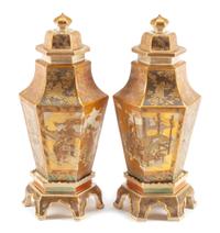 A Pair of Japanese Satsuma Covered Vases with Stands Height 22 1/2 inches.