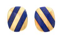 A Pair of 18 Karat Yellow Gold and Lapis Lazuli Earclips, 8.10 dwts.