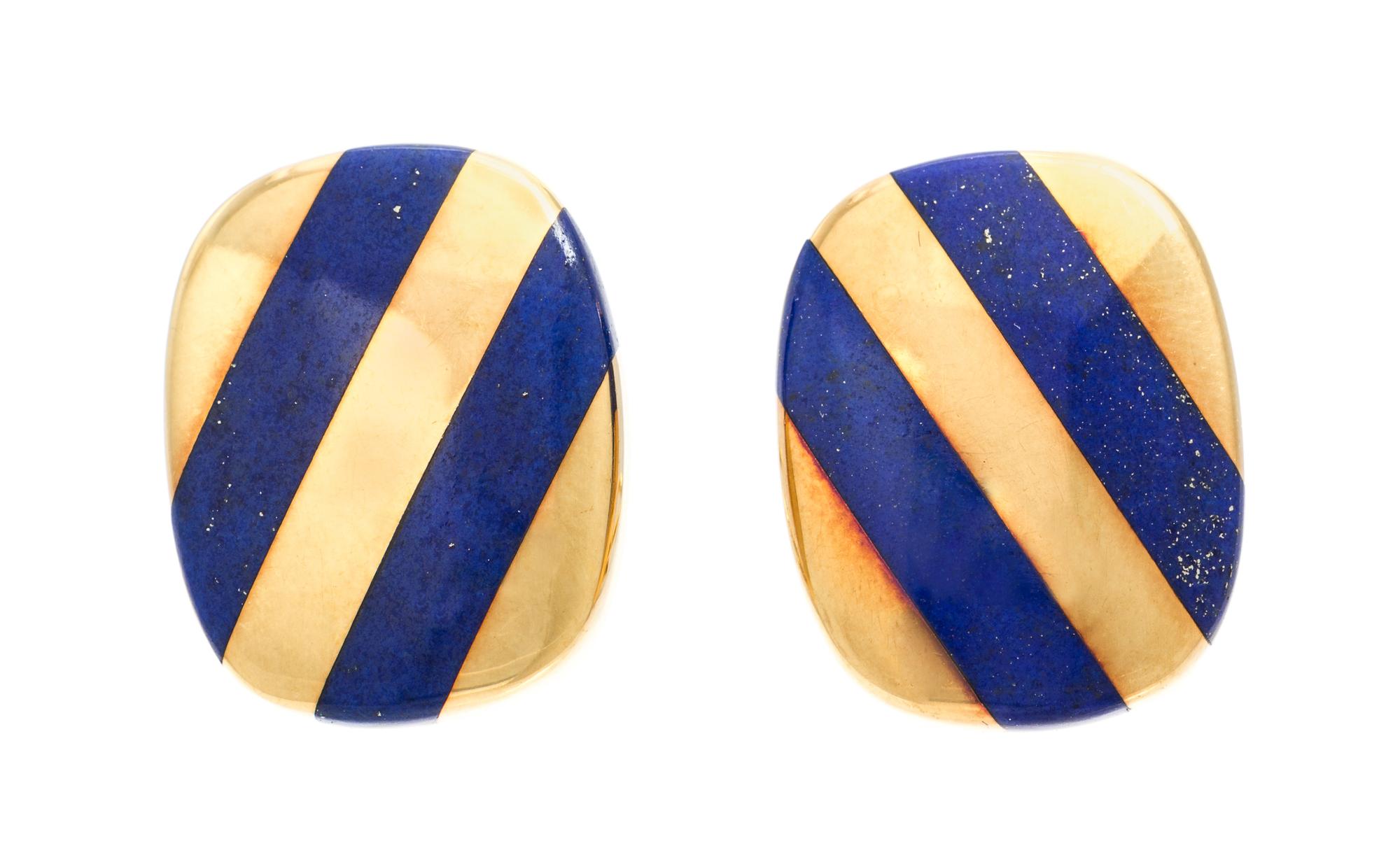 A Pair of 18 Karat Yellow Gold and Lapis Lazuli Earclips, 8.10 dwts.